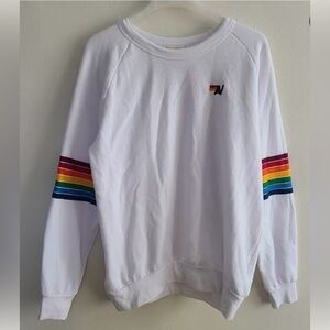 Aviator Nation White Sweater with Rainbow Stripes